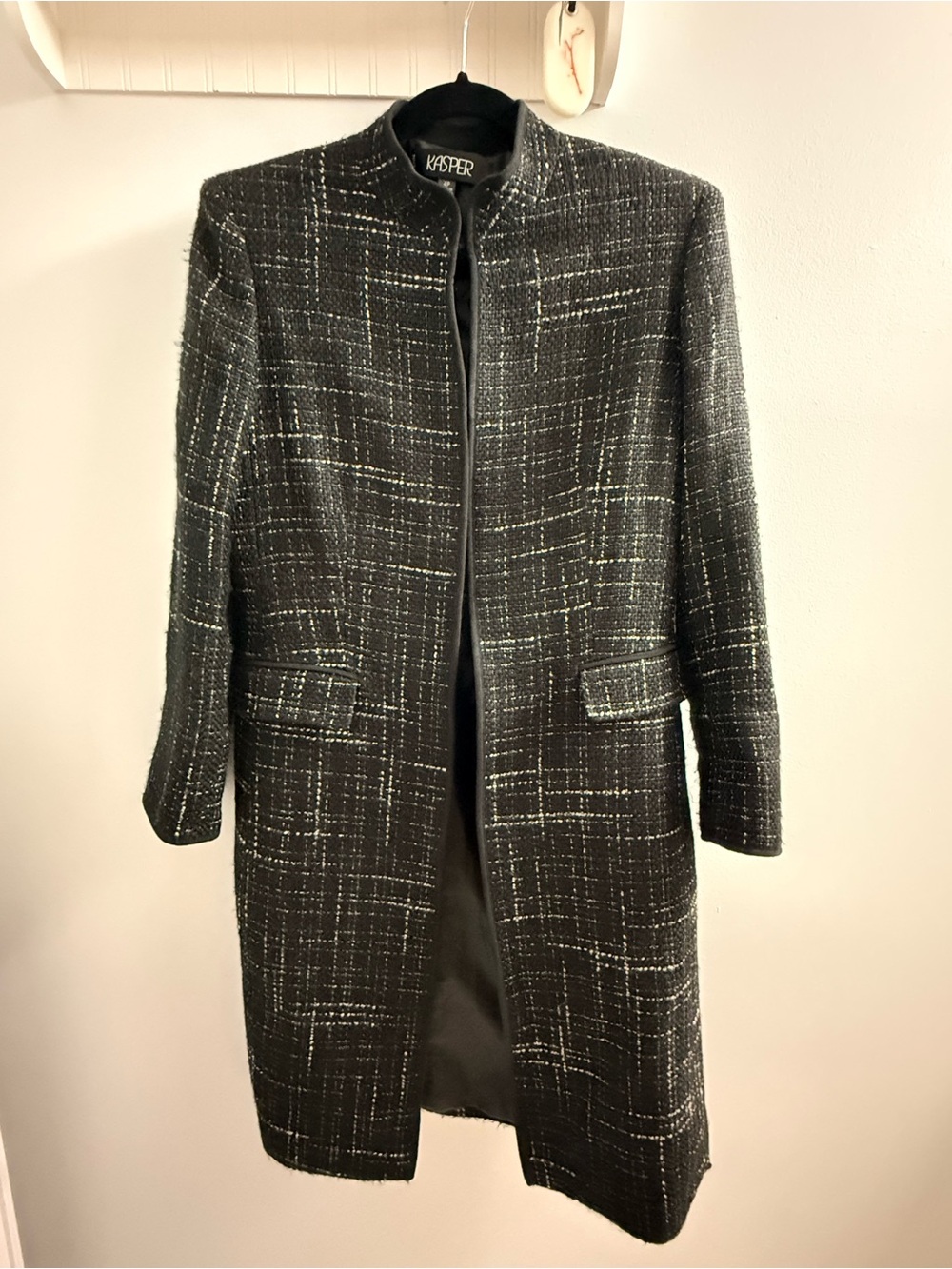 Kasper Black Tweed Collarless Long Blazer Coat